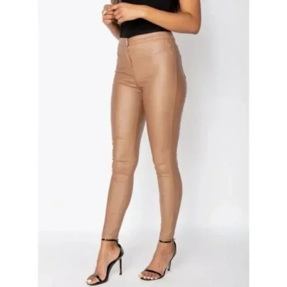 Brown Vegan Leather Faux Leather Coated High Waist Skinny Pants - Picture 9 of 10